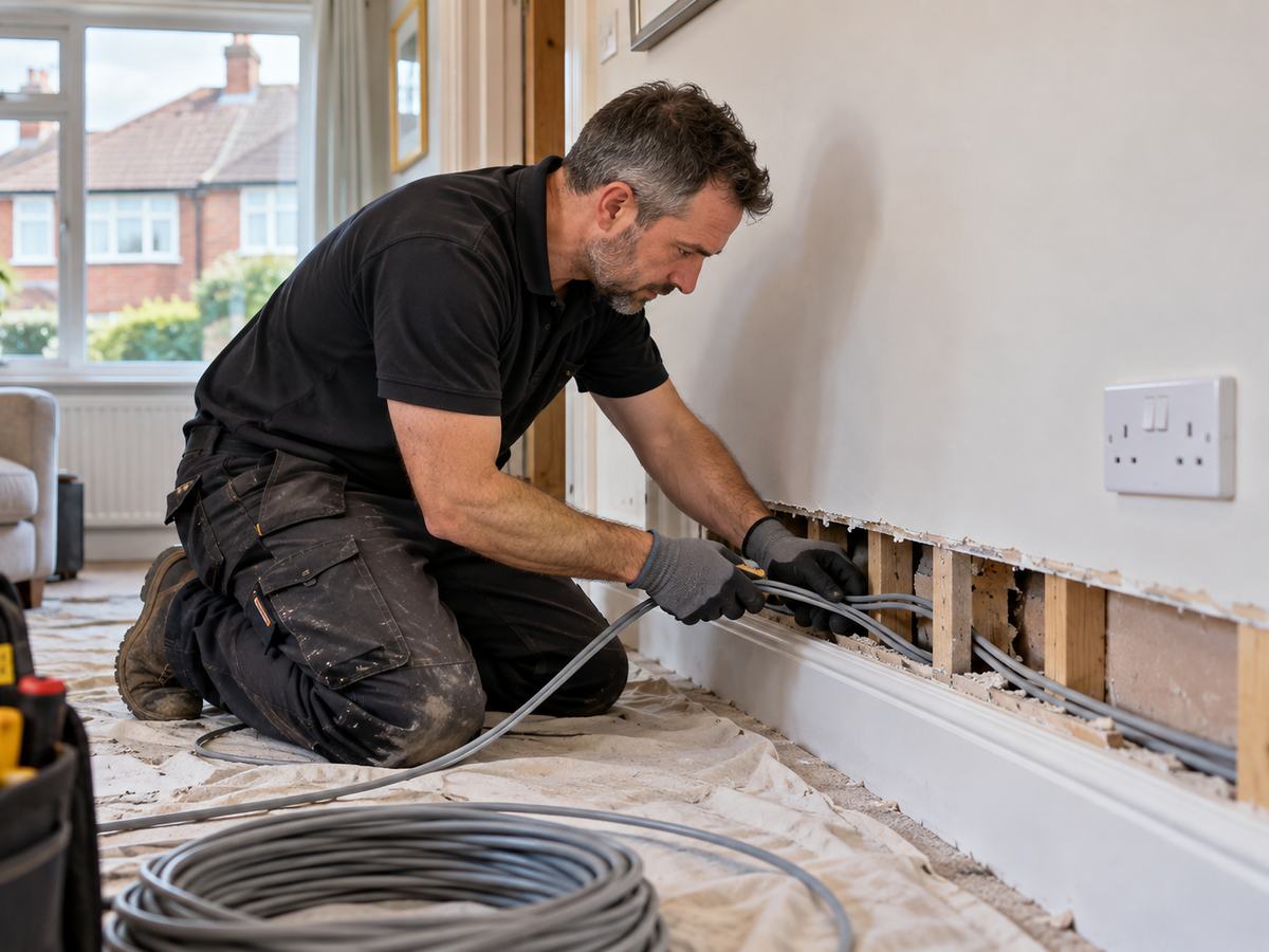 Electrician running new cables behind a skirting board during a house rewire