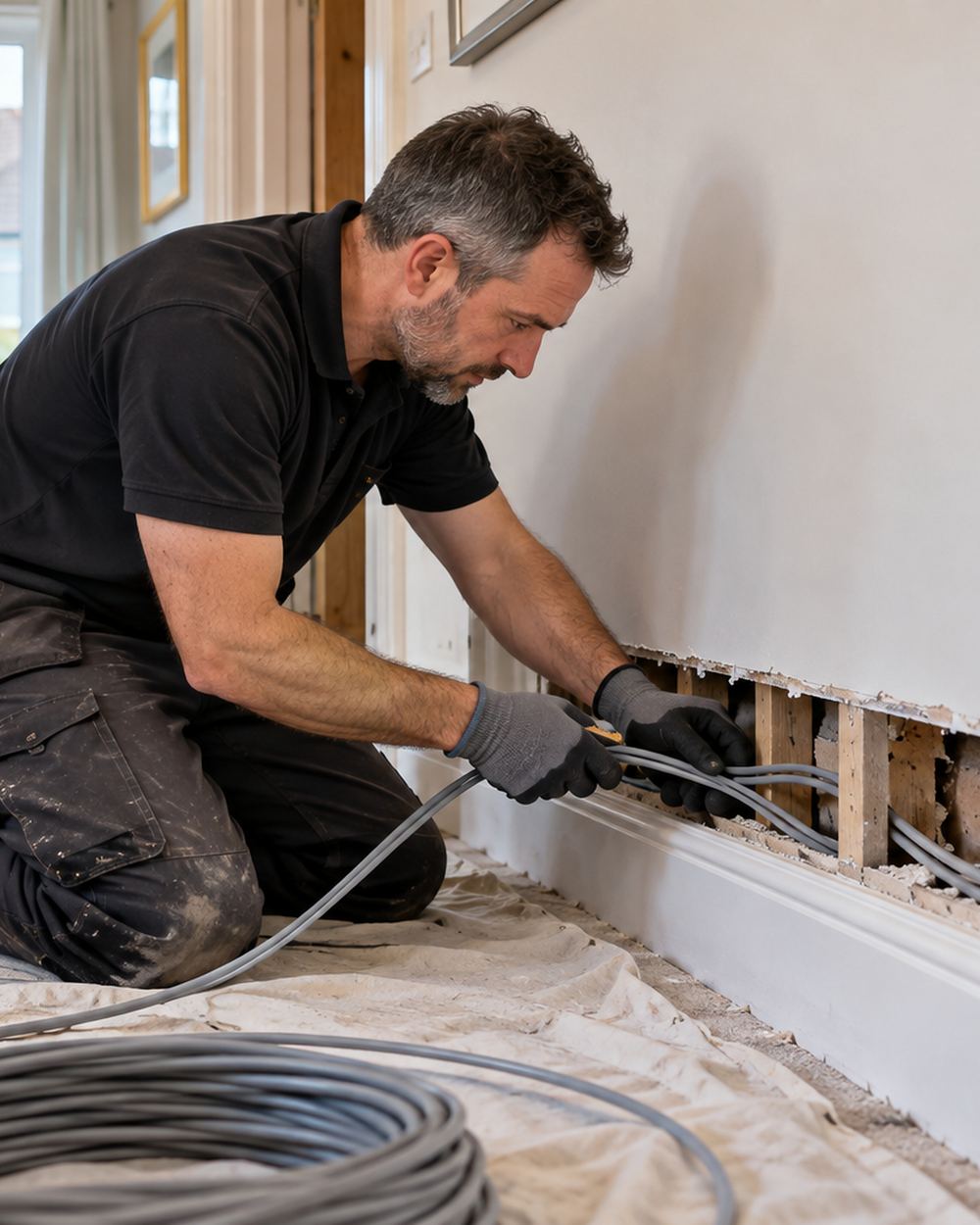 Electrician running new cables behind a skirting board during a house rewire