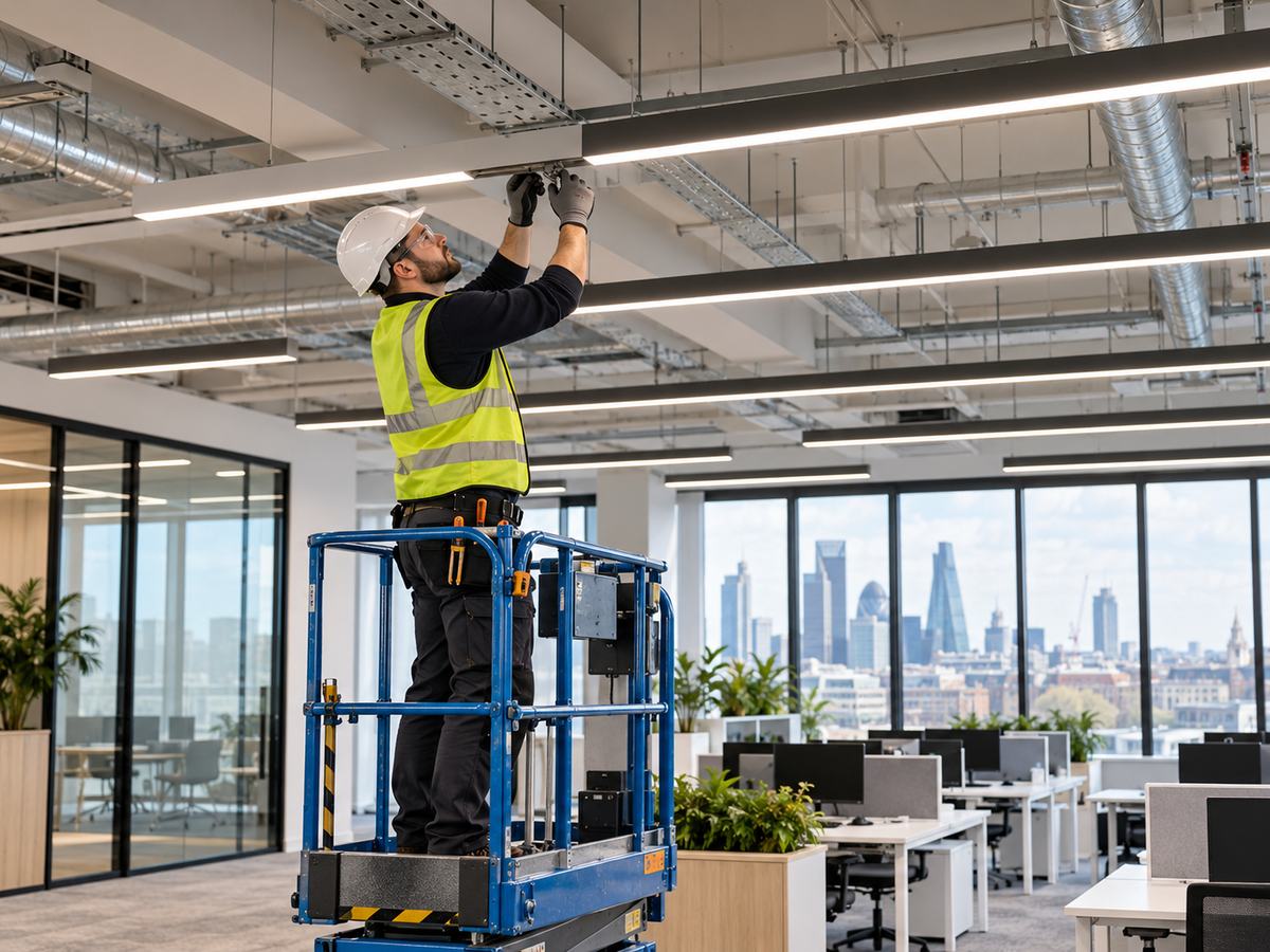 Electrician on a scissor lift fitting LED light fittings in an open-plan office