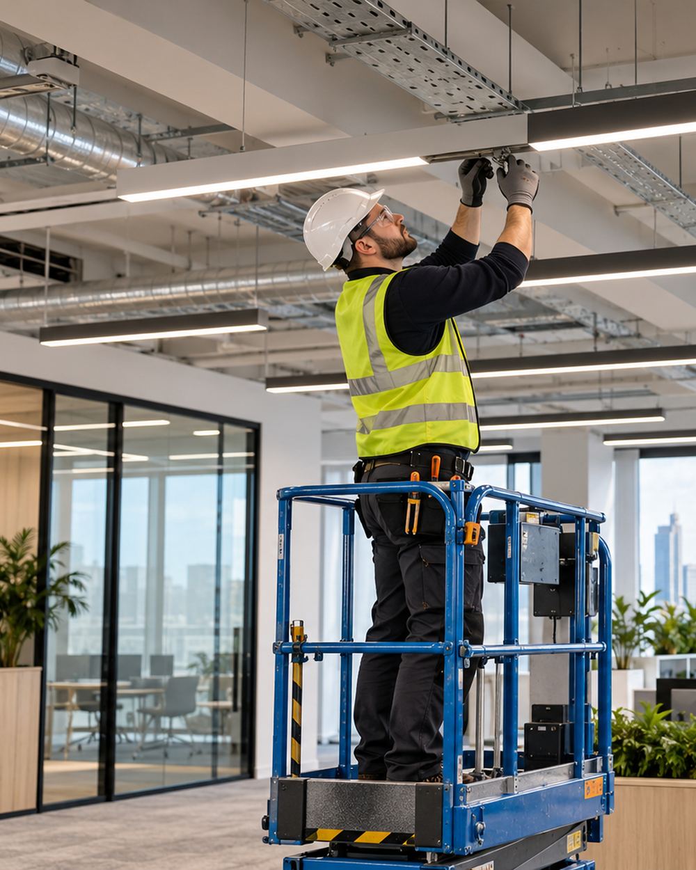 Electrician on a scissor lift fitting LED light fittings in an open-plan office