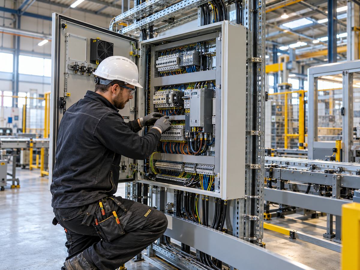 Electrician wiring a three-phase control panel in a factory