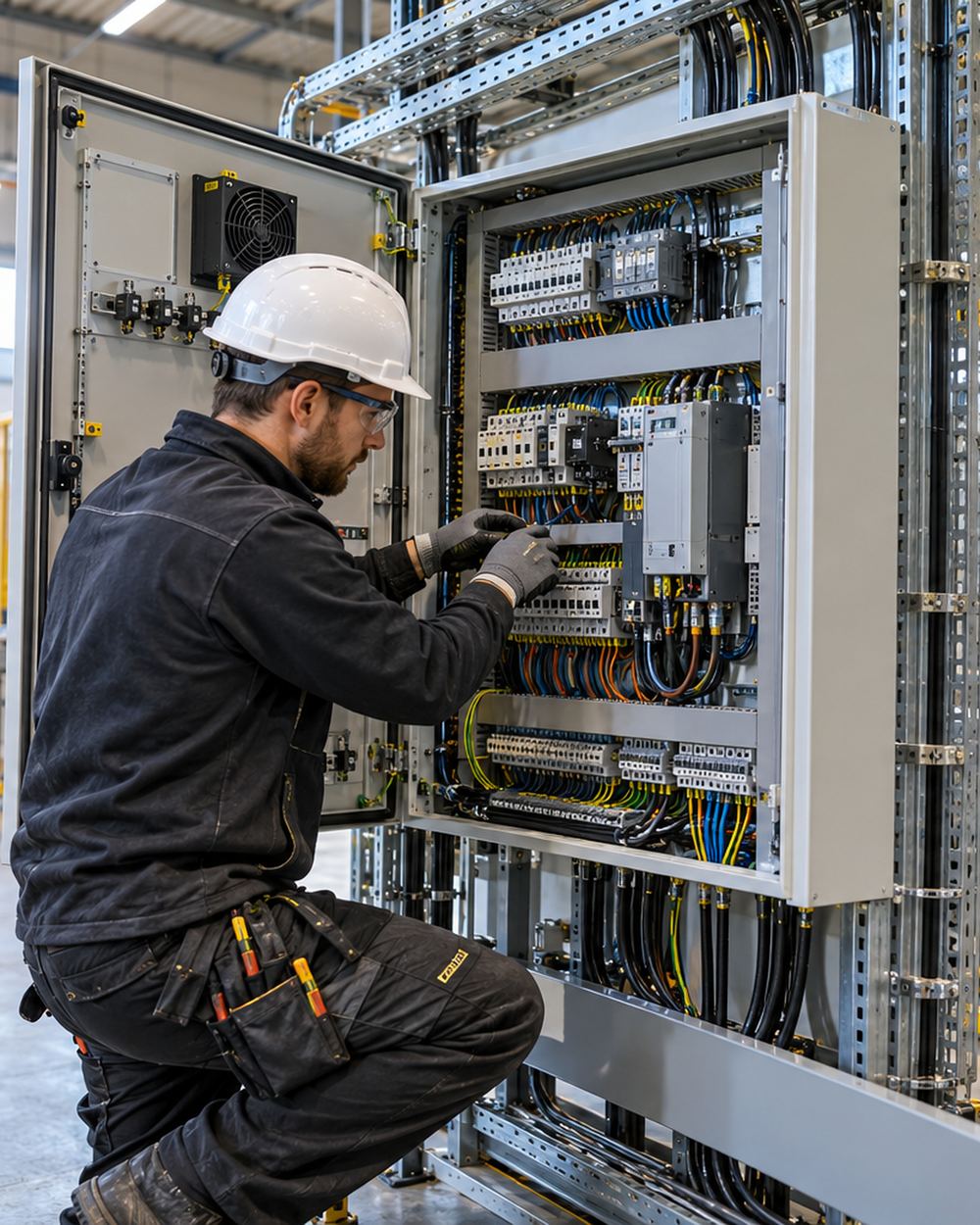 Electrician wiring a three-phase control panel in a factory