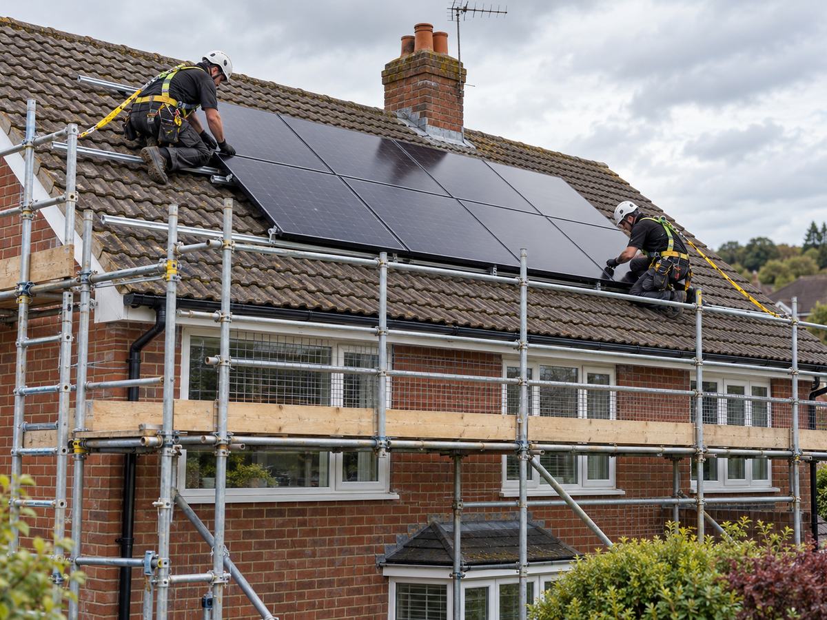 Installers fitting solar panels to a house roof from scaffolding