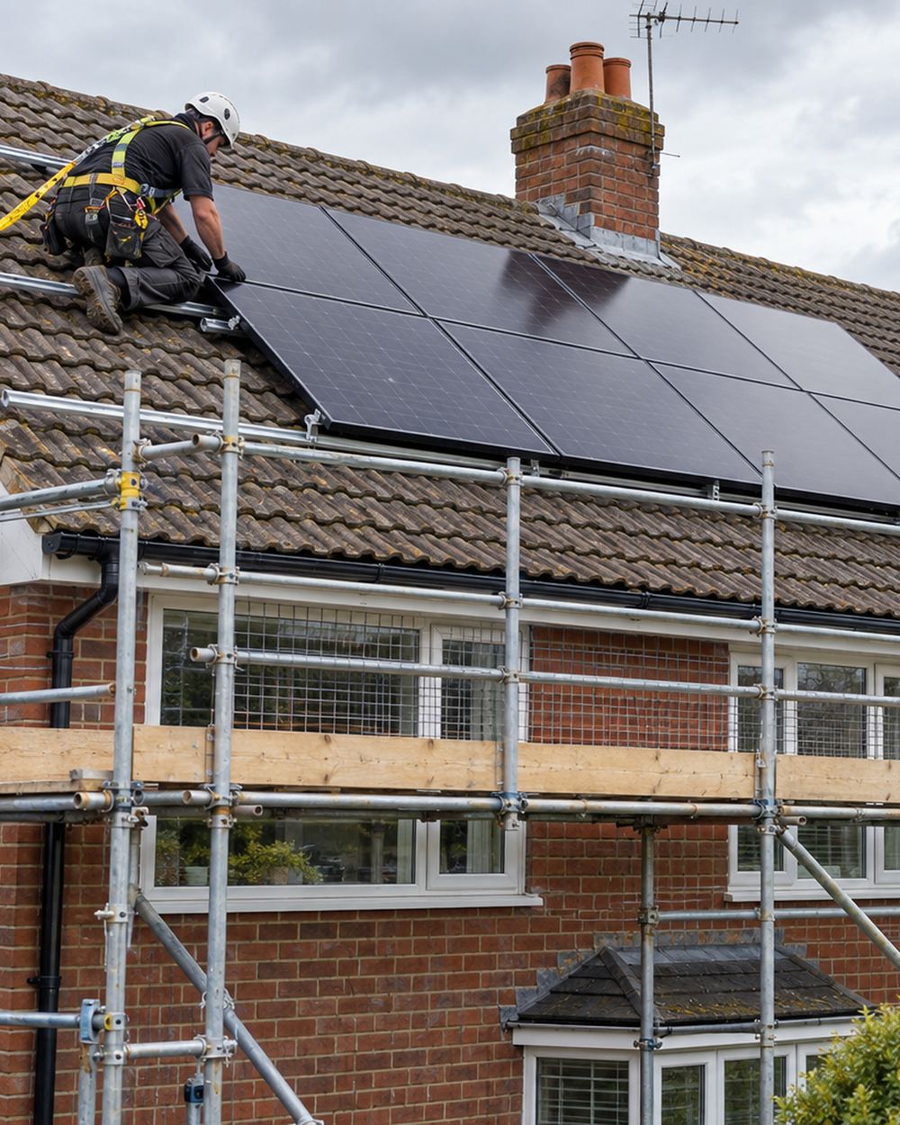 Installers fitting solar panels to a house roof from scaffolding