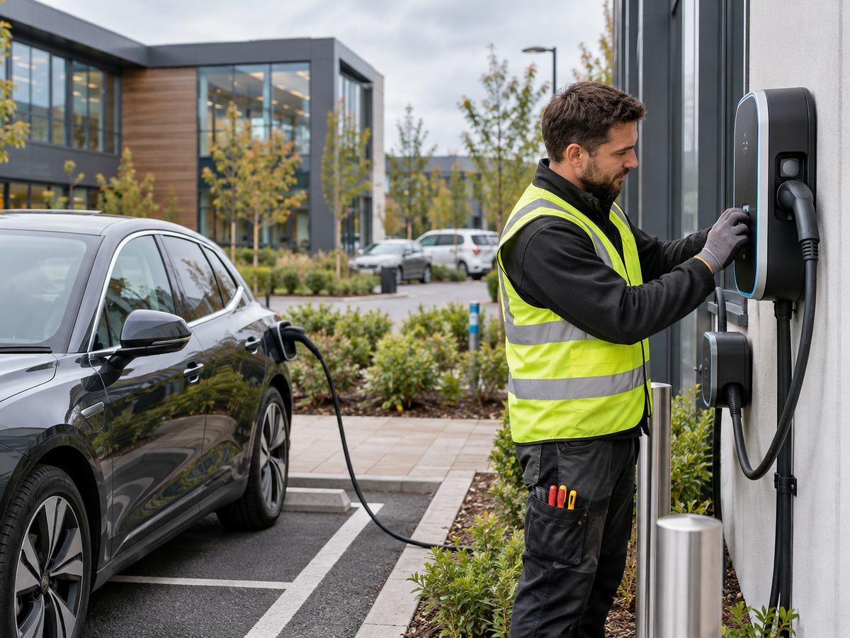 Electrician setting up a wall-mounted EV charger in a workplace car park