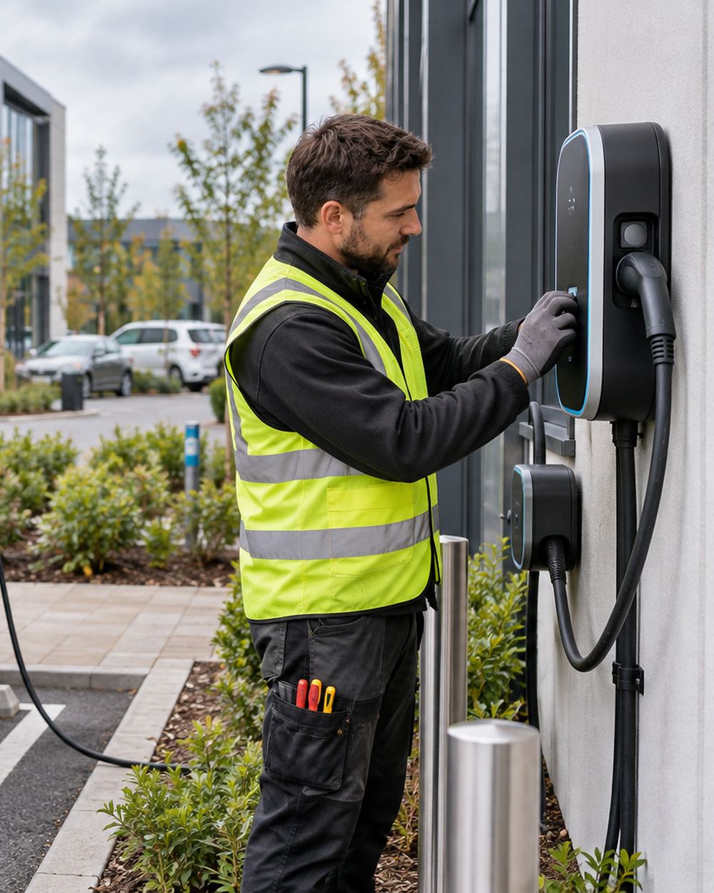 Electrician setting up a wall-mounted EV charger in a workplace car park